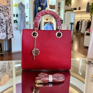 💖 NWT Badgley Mischka Red Leather Tote Gold Logo Charm + Strap | Valentine Glam